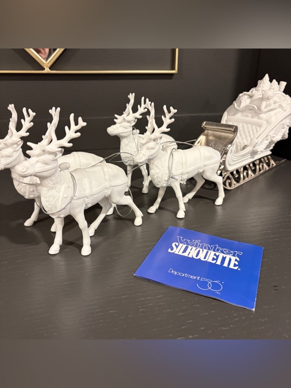 Dept 56 Winter Silhouette Santa’s Sleigh+4 Reindeer, White Porcelain/Metal Base